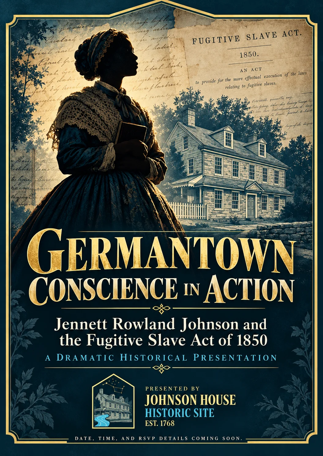 Germantown Conscience in Action dramatic historic presentation flyer featuring Jennett Rowland Johnson and the Fugitive Slave Act of 1850