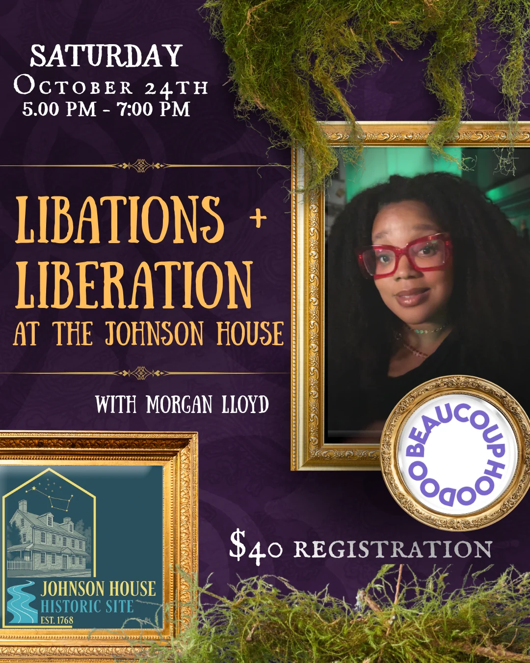Libations and Liberation event flyer with Morgan Lloyd, Saturday October 24, 2026